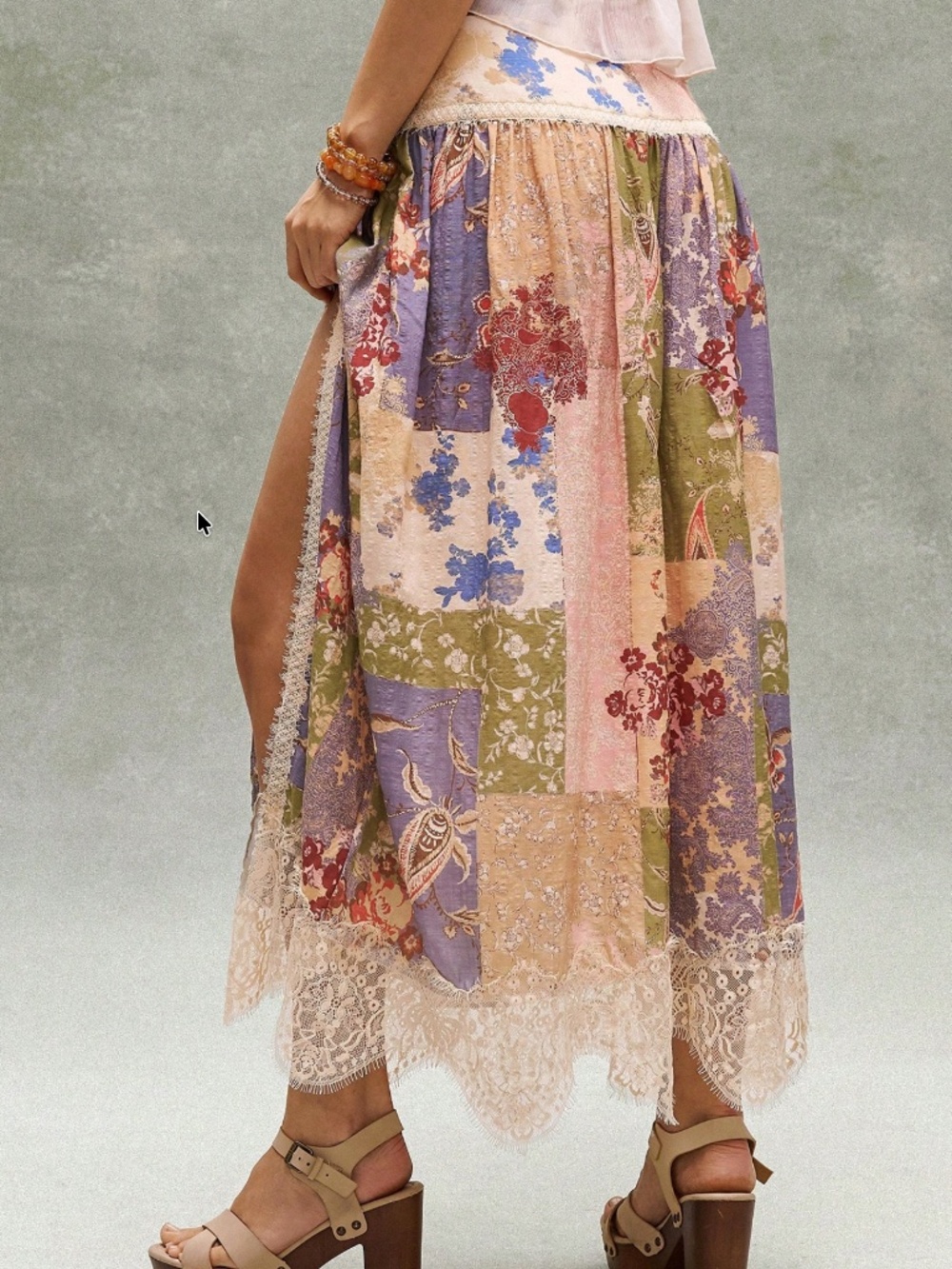 Boho Floral Print Stretchy Waist split Thigh Lace Maxi Skirt - Picture 4 of 5